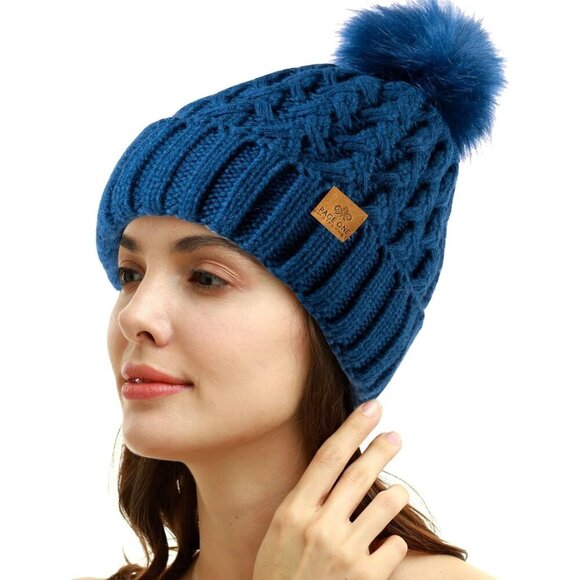 Women’s Peak blue Winter Ribbed Beanie Hat Chunky Cable Knit Pompom Warm main image 5